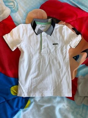 BOSS White Polo with Navy Striped Collar and Green Trim